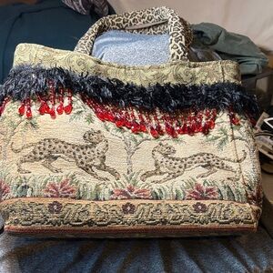 Leopard Tapestry Tote with Red Fringe